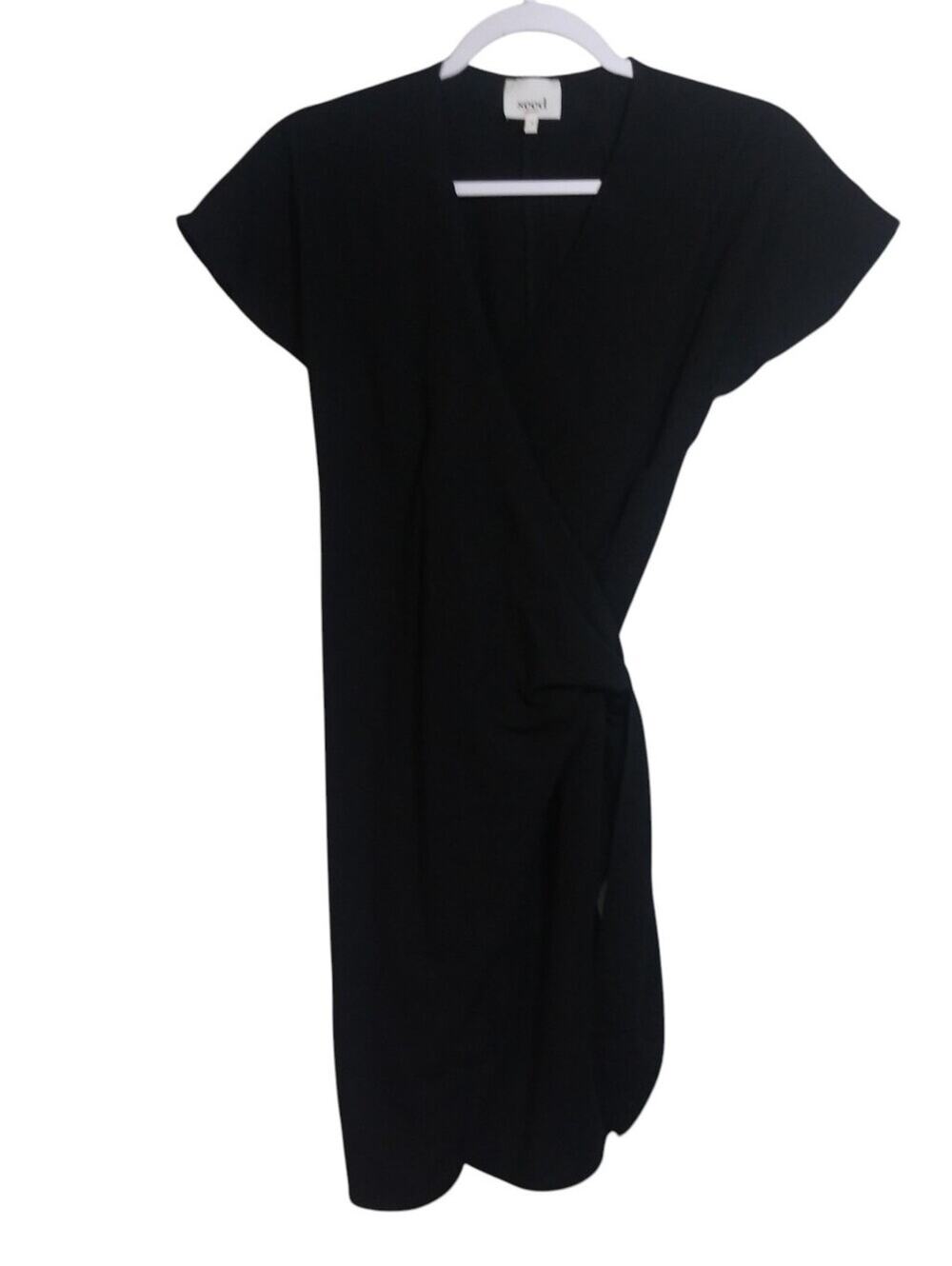 Seed Heritage Linen Cotton Blend Wrap Dress in Black Neutral Natural Size 6